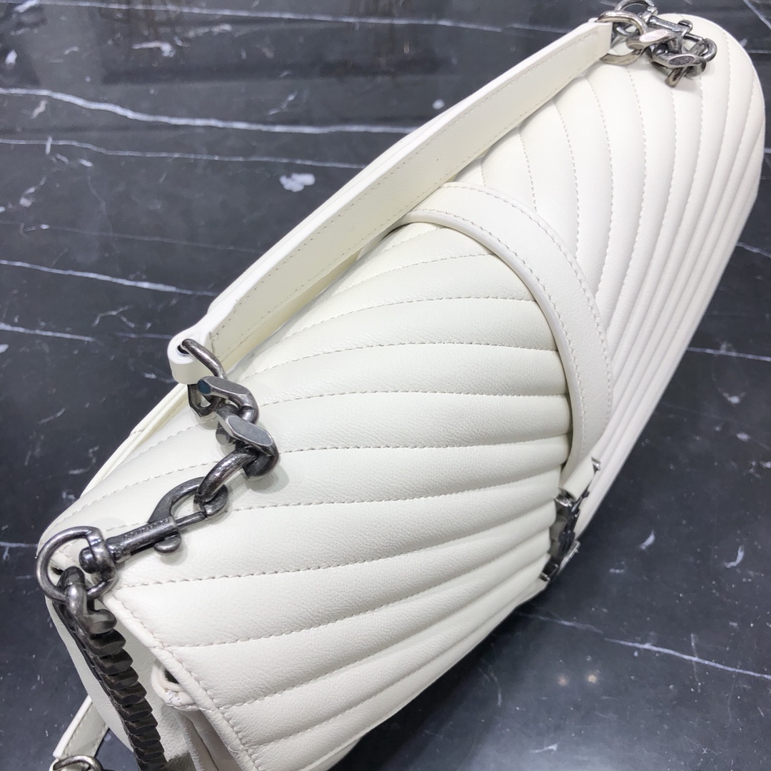 Saint Laurent Lambskin College Handbag Shoulder Bag White 392738 Silver